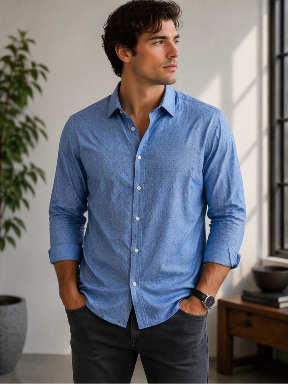 Express Blue Patterned Fitted Dress Shirt Men’s | Large 16–16.5
